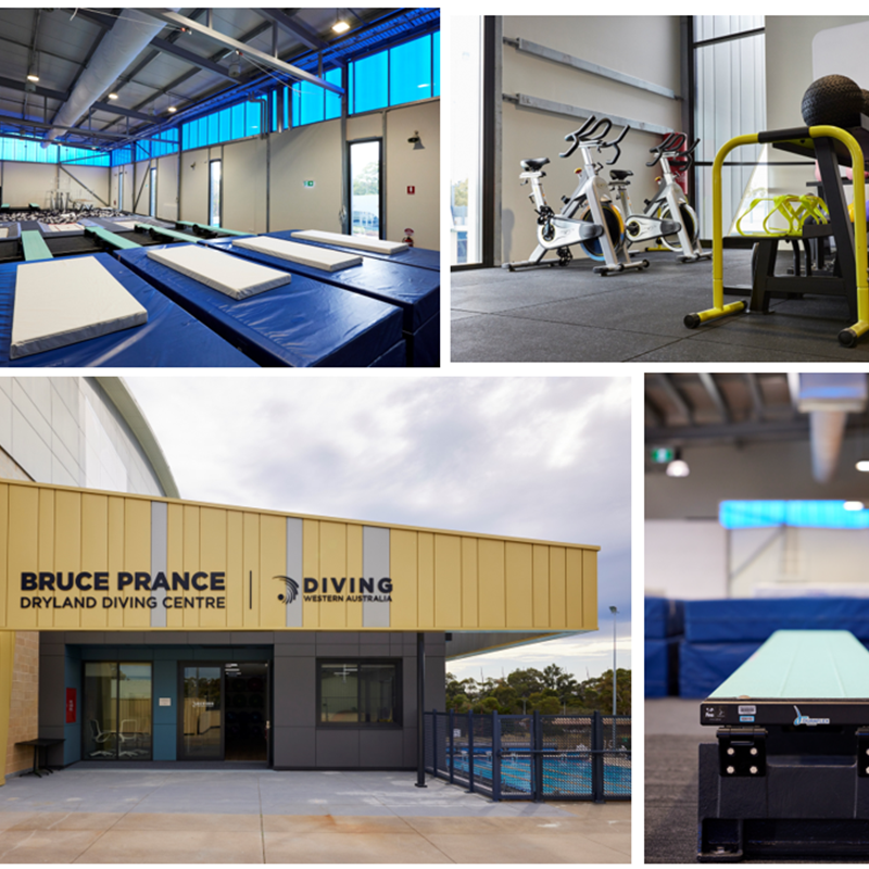 A collection of photos showing the different layouts and facilities present at the Bruce Prance Dryland Diving Centre in Mount Claremont, Perth